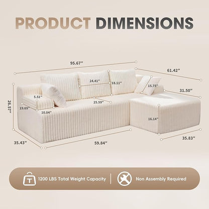 Hobestluk Boneless Couch Modular Sectional SofaL-Shape Cloud Couch Lounge | 96" Right Facing Chaise White,Memory Foam,Removable Cover,Non-slip Bottom,No Assemble Required,Furniture for Small Home
