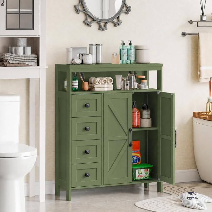 Vabches Farmhouse Storage Cabinet with 2 Doors and 4 Drawers, Freestanding Bathroom Compartment Kitchen Pantry Cabinet, Floor Cupboard for Kitchen/Living Room/Bathroom,Green