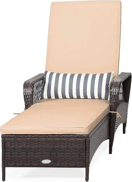 COSTWAY PE Rattan Chaise Lounge Chair, 6 Gear Adjustable Recliner with Armrest & Pillow, Wicker Outdoor Furniture for Deck, Patio (1, Beige)