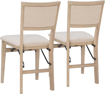 Linon Keira Natural Rustic Wooden Folding Chair with Beige Upholstered Seat and Back Set of 2