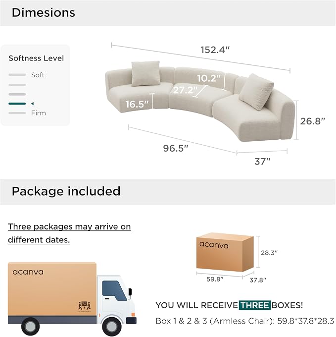 Acanva Formia Boucle Curved Sectional Sofa, 3 Armless Chairs, White | Modular Couch, Modern Minimalist, Wood Frame, For Living Room, Apartment, Home Office