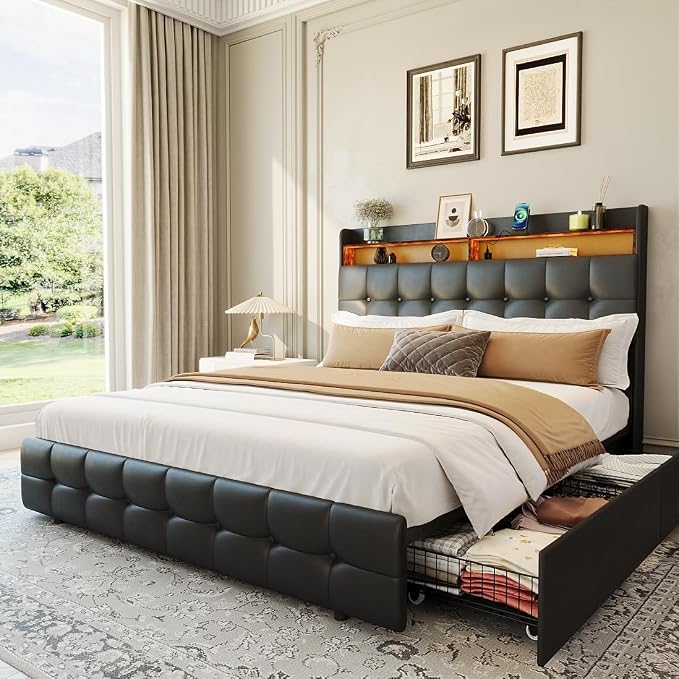 Garvee Full Size Bed Frame with 2 Storage Drawers, Upholstered Bed Frame Full with LED Light, Double-Layer Bedside Headboard with Charging Socket and USB Port, PU Leather, Black
