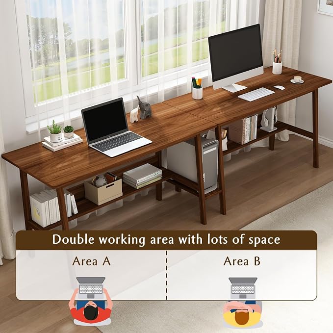 NELYE 2-Person Writing Desk with Bookshelf - 110" Wooden Extra Long Home Office Work Table, Double Study Computer Workstation with Storage Shelves in Walnut, 110" W x 24" D