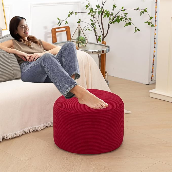 Round Pouf Ottoman 20 x 20 x 14 Inches Boho Poof Home Decor Floor Pouffe Ottoman Foot Rest for Couch Sofa Bean Bag Chairs Living Room Bedroom (Burgundy)