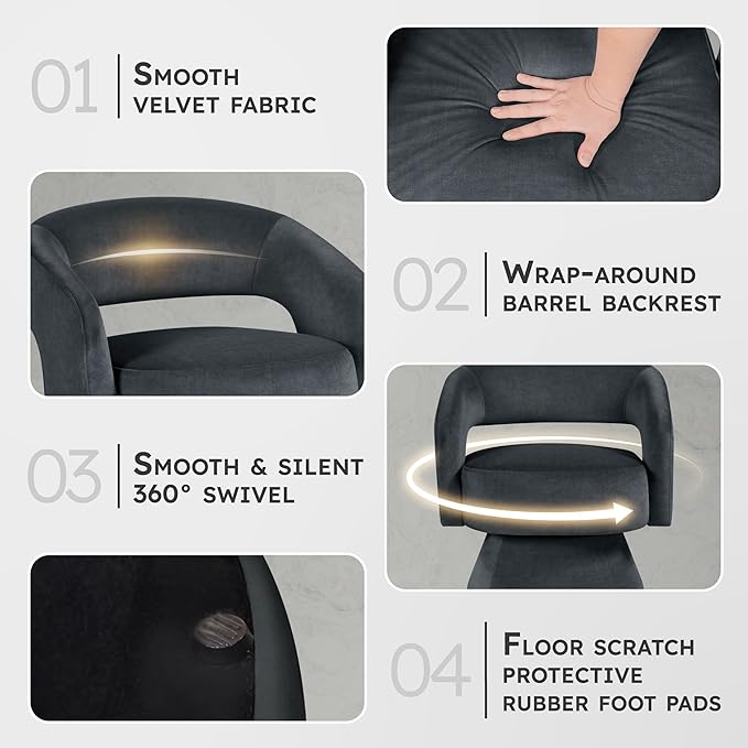Lexicon 360 Degree Swivel Accent Chair, Modern Comfy Velvet Round Barrel Chair, Open Back, Plush Foam Cushions, Metal Swivel Base for Living Room/Bedroom/Office/Small Spaces, Dark Gray