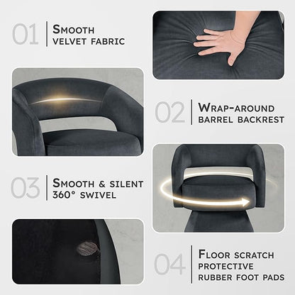 Lexicon 360 Degree Swivel Accent Chair, Modern Comfy Velvet Round Barrel Chair, Open Back, Plush Foam Cushions, Metal Swivel Base for Living Room/Bedroom/Office/Small Spaces, Dark Gray