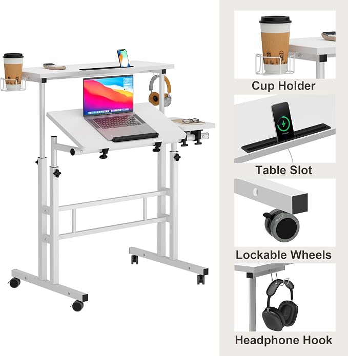 SogesHome 31.5 inch Mobile Standing Desk Adjustable Computer Desk Rolling Laptop Cart Portable Laptop Stand on Wheels Home Office Workstation with Cup Holder,Headphone Holder, Upgrade White
