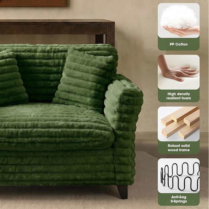 ERYE 46.9" Corduroy Upholstered Accent Chair Wide Seat Armchair for Living Room Bedroom, Modern Cloud Cushion Armchair W/ 2 Pillows and Wooden Legs for Home Apartment Office