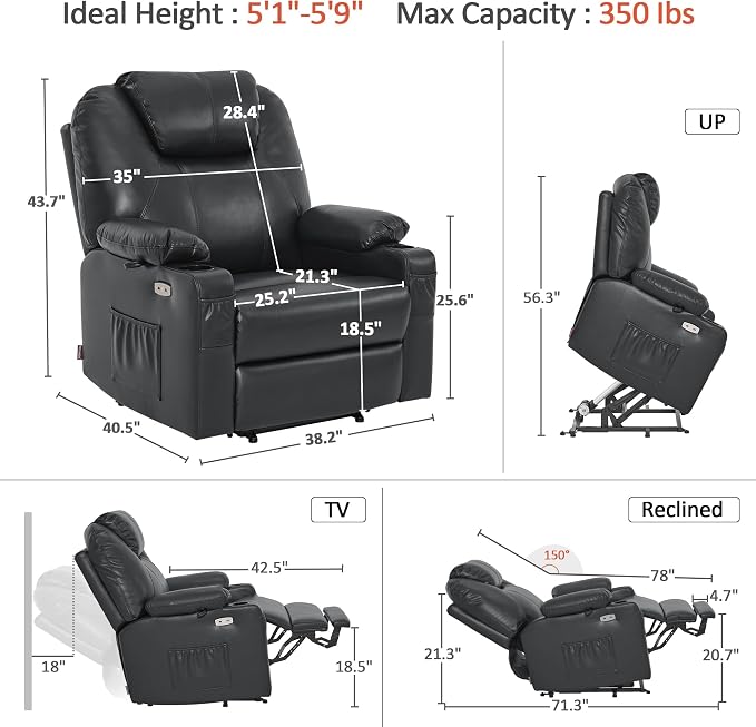 MCombo Extra Wide Power Lift Recliner Chair for Elderly, Lift Chair with Heat and Massage for Big People, USB&Type C Ports, Cup Holders, Faux Leather R7045 (Black, Medium-Wide)