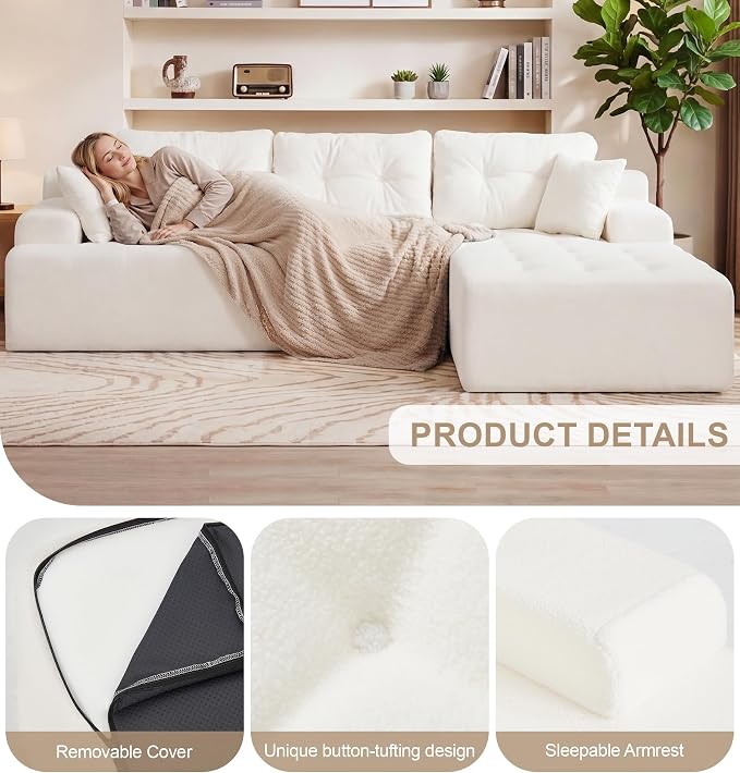 Hobestluk Modular Sectional Sofa Couches L-Shape Couch 3 Seat Modular Sofa Memory Foam Sectional Couches for Living Room, Cloud Couch with Oversized Chaise (White Tufted, 108", Right Hand Facing)