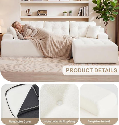 Hobestluk Modular Sectional Sofa Couches L-Shape Couch 3 Seat Modular Sofa Memory Foam Sectional Couches for Living Room, Cloud Couch with Oversized Chaise (White Tufted, 108", Right Hand Facing)