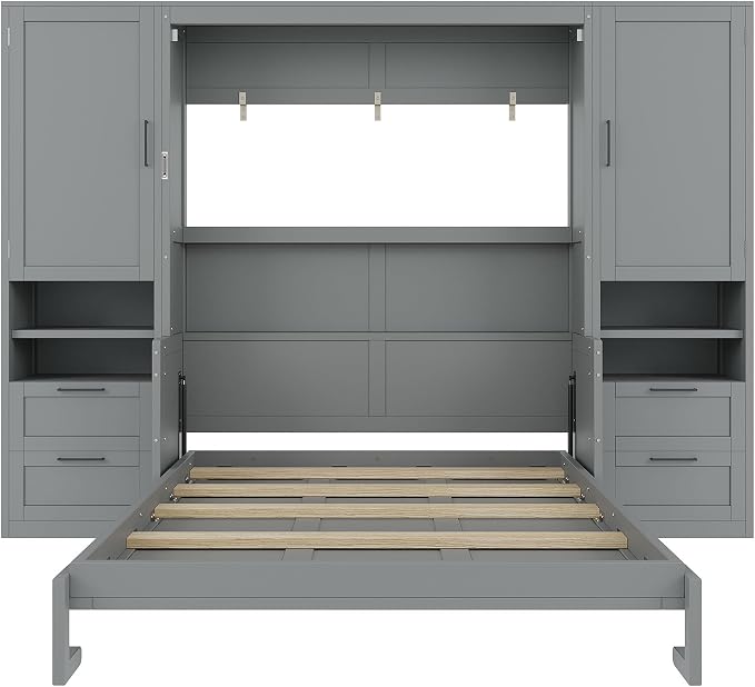 Merax Queen Size Murphy Bed with Desk, Space-Saving Wall Bed Frame with Closet, Drawers and Shelves, Foldable Platform Bed for Small Spaces Studio Study Office Guest Room, Gray
