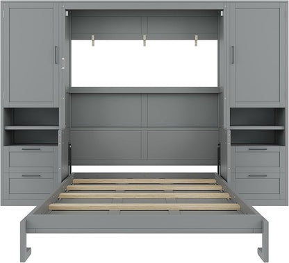 Merax Queen Size Murphy Bed with Desk, Space-Saving Wall Bed Frame with Closet, Drawers and Shelves, Foldable Platform Bed for Small Spaces Studio Study Office Guest Room, Gray