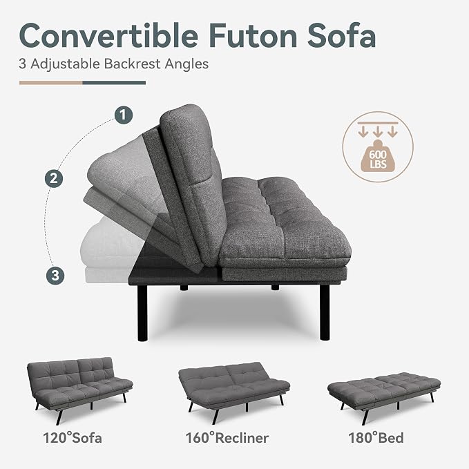 Futon Sofa Bed Convertible Couch, Grey Linen Sofa Bed with Memory Foam, Adjustable Backrest & Armrests, Multifunctional Small Loveseat Sleeper Sofa for Living Room, Apartment, Office