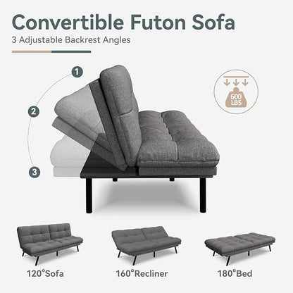 Futon Sofa Bed Convertible Couch, Grey Linen Sofa Bed with Memory Foam, Adjustable Backrest & Armrests, Multifunctional Small Loveseat Sleeper Sofa for Living Room, Apartment, Office