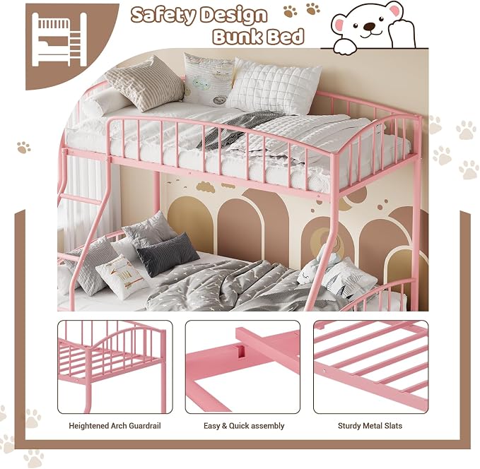 GarveeHome Metal Bunk Bed Twin Over Full, Heavy Duty Bunkbeds Frame with Arched Guardrail and Safety Ladder, Sturdy Steel Bed for Kids Boys Girls, Space-Saving, No Box Spring Needed, Pink