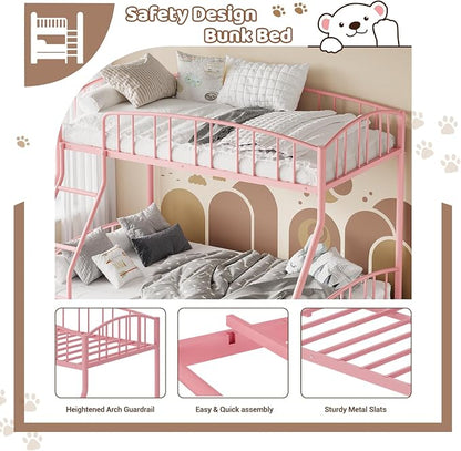 GarveeHome Metal Bunk Bed Twin Over Full, Heavy Duty Bunkbeds Frame with Arched Guardrail and Safety Ladder, Sturdy Steel Bed for Kids Boys Girls, Space-Saving, No Box Spring Needed, Pink