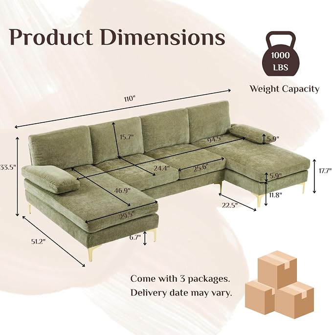 Karl home 110" Sectional Sofa U-Shaped 4-Seat Couch with Chaises Chenille Fabric Upholstered for Living Room, Apartment, Office, Green