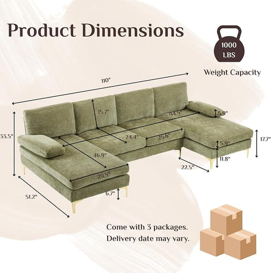 Karl home 110" Sectional Sofa U-Shaped 4-Seat Couch with Chaises Chenille Fabric Upholstered for Living Room, Apartment, Office, Green