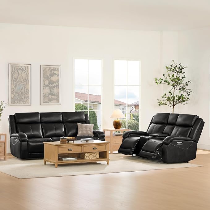 Watson & Whitely Power Reclining Sofa and Loveseat Sets, Genuine Leather Sofa Recliner Couch Set with Power Headrest, Storage Console, USB Ports, Cup Holders, Living Room Furniture Set, Black