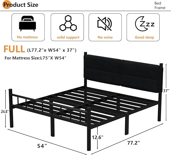 Metal Bed Frame,14Inch Full Bed Frame with Headboard,Heavy Duty Sturdy Mattress Foundation,Easy Assembly,No Box Spring Needed,Black Full Size