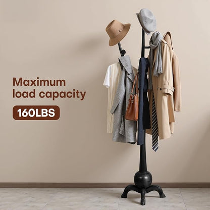 Bekrvio Black Freestanding Wood Coat Rack with 8 Hooks | Tree branch Design, Stable Sphere Base for Entryway, Hallway, Bedroom, Office, Apartment, Foyer; Hangs Coats, Hats, Bags