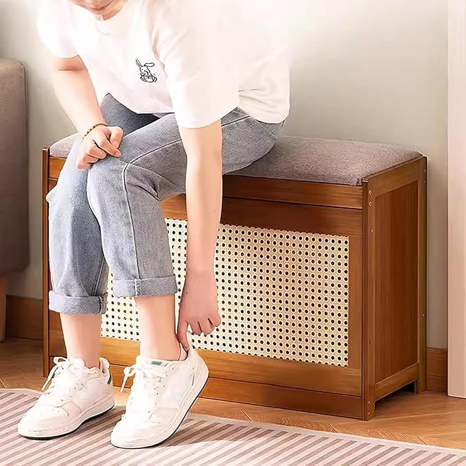 Entryway Storage Bench with Cushioned Seat Shoe Rack, 2-Tier Wooden Shoe Organizer Cabinet for Closet, Entryway, Hallway, Bedroom