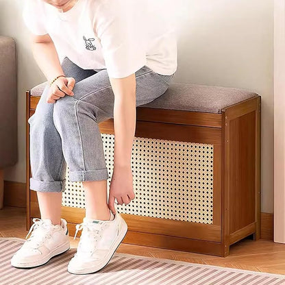 Entryway Storage Bench with Cushioned Seat Shoe Rack, 2-Tier Wooden Shoe Organizer Cabinet for Closet, Entryway, Hallway, Bedroom (Wood Color-50 x 24 x 44 cm