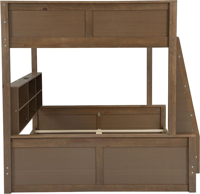 RUNNA Full XL Over Queen Bunk Bed with Storage,USB,Wood | Full XL over queen bunk bed with storage cabinets, USB, solid pine wood, guardrails, no box spring needed, natural wood