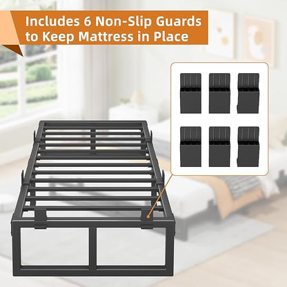 Twin Bed Frames, 18 Inch Metal Platform Bed Frame with Squeak Free U-Slot Design, 6 Non-Slip Guards, 3500lbs Heavy Duty Steel Slat Support, No Box Spring Needed, Under Bed Storage, Black
