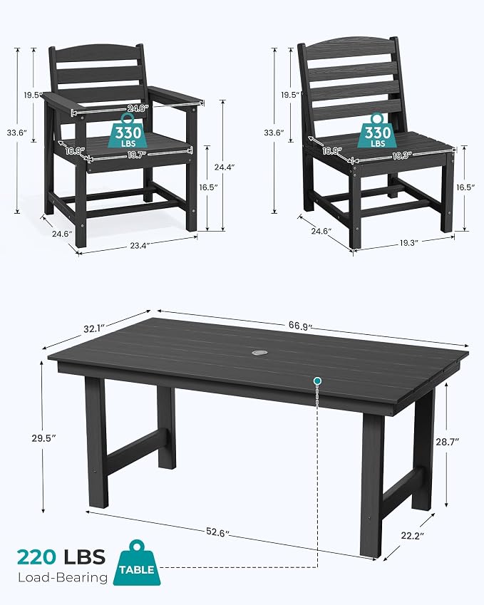 SERWALL Outdoor Dining Sets for 10, HDPE Dining Set with 2 Tables, 8 Armless Chairs and 2 Armed Dining Chairs, Black