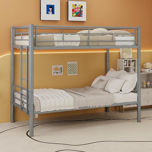 HRVEOCEI 2-Way Convertible Twin Over Twin Bunk Bed with Guardrail & Ladders, Metal Low Bunkbed for Kids Boys Girls, Heavy Duty, No Box Spring Needed, Space-Saving (Silver, No Trundle)