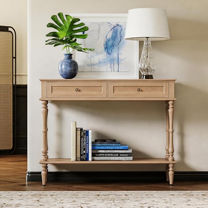 ARTPOWER Console Table for Entryway with 2 Drawers-Minimal Assembly,Retro Entryway Table with Storage Cabinets and Open Shelf,Narrow Long Couch Table Behind Sofa Set for Living Room,Foyer,Natural