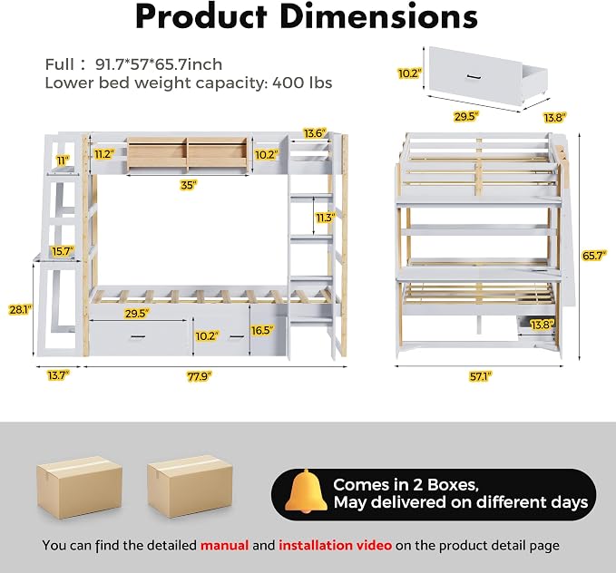 Wooden Full Over Full Bunk Bed with Desk, Convertible Solid Wood Frame with LED Lights, Built-in Outlets, Ladders and Rolling Drawers, Sturdy Wood Bunk Bed High Weight Capacity, Space-Saving