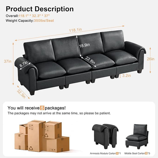 118" Faux Leather Modular Sectional Upholstered Sofa, Oversized 4 Seater Couch with Curved Armrests, Cloud Modern Upholstered Deep Seat Sofa for Living Room, Black