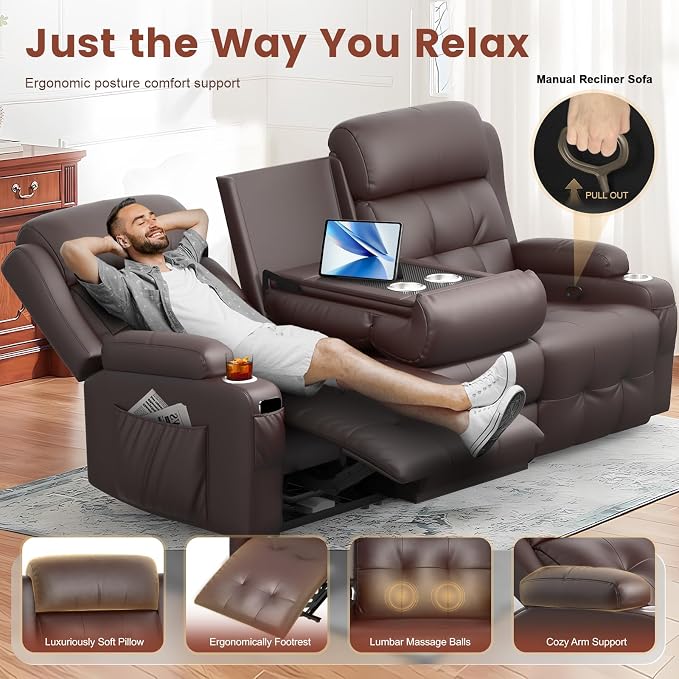 Loveseat Recliner, 3 Seater Massage Reclining Sofa Sets Heavy Weight Capacity, RV Loveseat Couch Clearance with Drop Down Table, Storage, Cup Holders, Wall Hugger Reclining Couch for Living Room