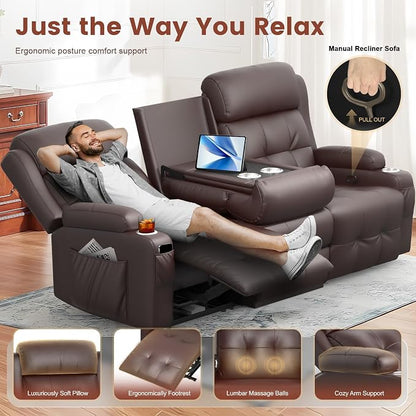 Loveseat Recliner, 3 Seater Massage Reclining Sofa Sets Heavy Weight Capacity, RV Loveseat Couch Clearance with Drop Down Table, Storage, Cup Holders, Wall Hugger Reclining Couch for Living Room