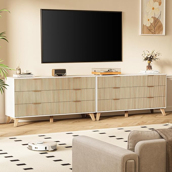 6 Drawer Dresser, 53.43 Inch Fluted Wood Double Dresser with Metal Handles Curved Design Wide Storage Organizer Cabinet Mid Century Modern Chest Dressers for Bedroom Living Room Entryway