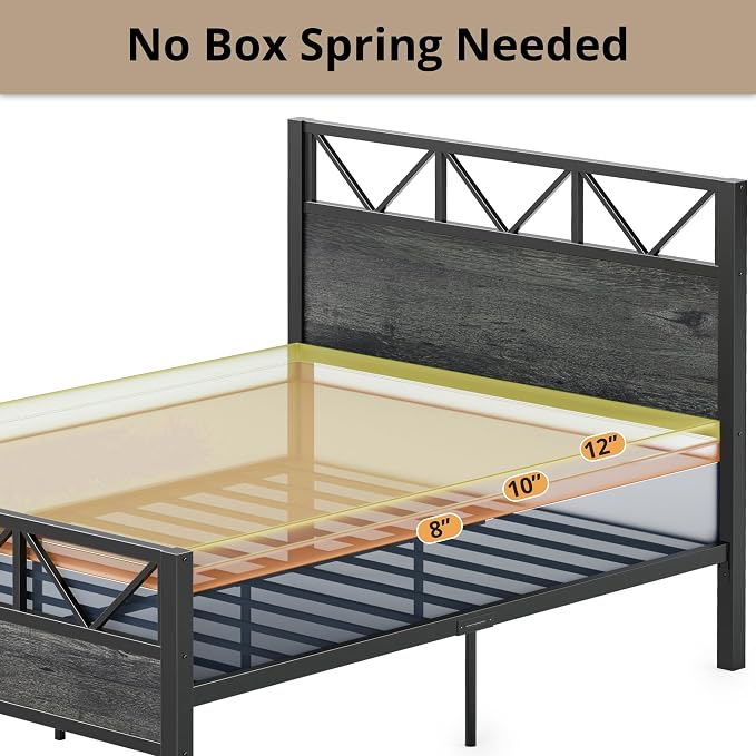 LIKIMIO Queen Bed Frame, Tall Industrial Headboard 51.2 ", Platform Bed Frame with Strong Metal Support, Solid and Stable, Noise Free, No Box Spring Needed, Easy Assembly, Charcoal Grey