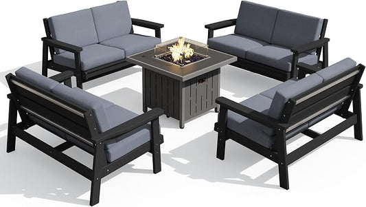 SERWALL Patio Furniture Set with 33” Fire Pit Table, HDPE Outdoor Sectional Sofa Set with Thickened Cushions, Black Frame with Grey Cushions