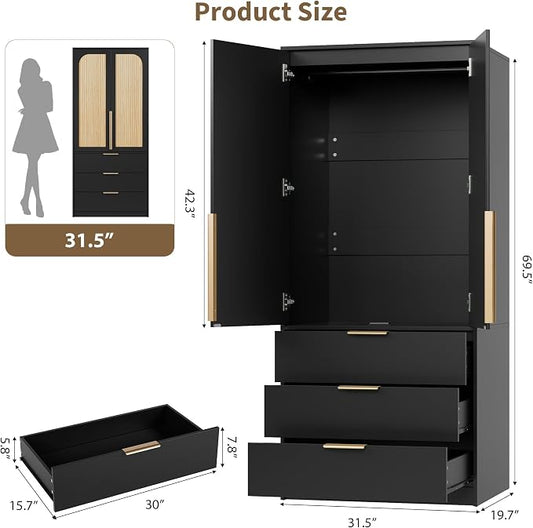 GarveeHome Armoire Wardrobe Closet, 69.5 in Wooden Wardrobe Cabinet with 3 Drawers, Hanging Rod, 2 Doors Clothing Storage Cabinet for Bedroom, Large Capacity Storage, Rattan Door, Black