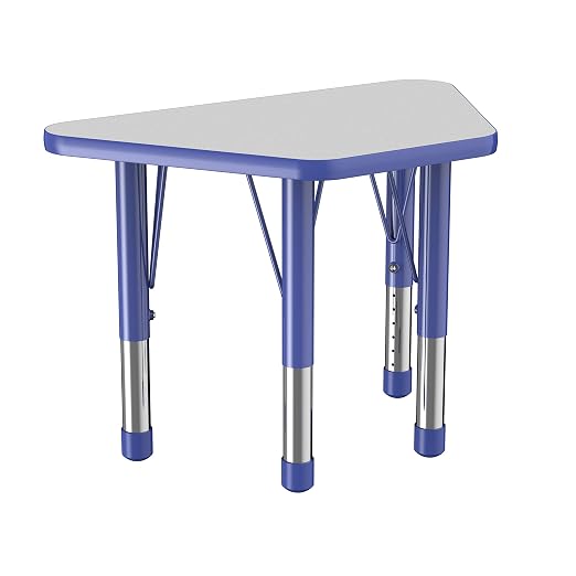FDP Trapezoid Activity School and Classroom Kids Table (18 x 30 inch), Chunky Toddler Legs for Collaborative Seating Environments, Adjustable Height 15-24 inches - Gray Top and Blue Edge