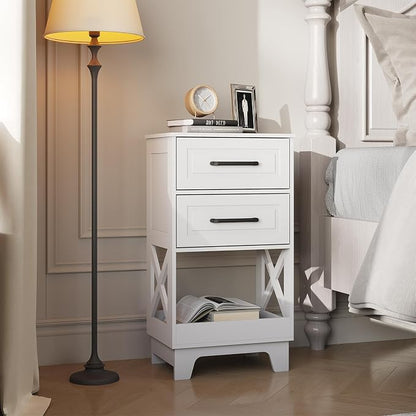 Tall Nightstand Set of 2 Side Table with 2 Drawers Modern Night Stand Wooden End Table Bedside Table with Below Open Shelf Solid Feet for Bedroom White