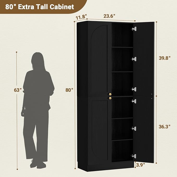 Cyclysio 80" Kitchen Pantry, Extra Tall Arch Storage Cabinet with 8 Soft Close Doors and Adjustable Shelves, Freestanding Wood Cupboard with Seamless Fit Wall for Dining Living Room Bathroom Furniture