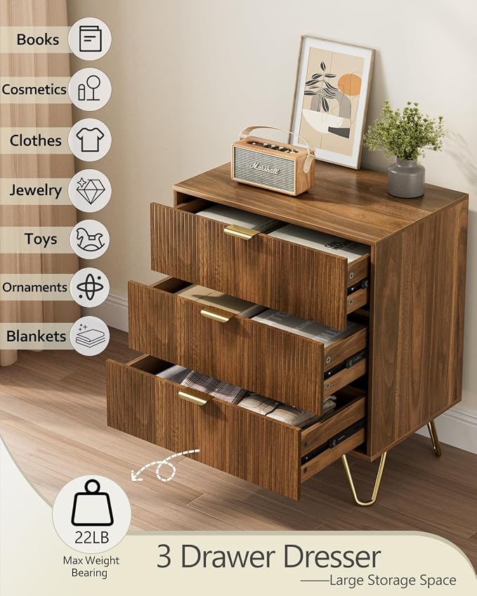 Walnut Dresser for Bedroom, Modern Fluted 3 Drawer Dresser with Storage, Dresser Chest of Drawers with Gold Handles for Bedroom, Living Room, Closet, Hallway, 15.8" D x 23.6" W x 27.6" H