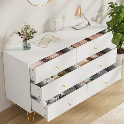 CARPETNAL White Dresser for Bedroom, 6 Drawer Dresser with Wide Drawers and Gold Metal Handles, Wood Dressers & Chest of Hallway, Entryway.