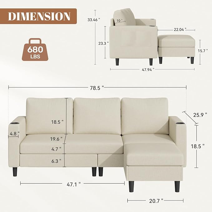 Luxanimarion Upholstered Sectional Sofa and Couches, 78'' L Shaped 3-seat Sofa forLiving Room, Apartment, Lounge,Bedroom-Washable Covers Convertible Sofas(Linen Fabric,Beige