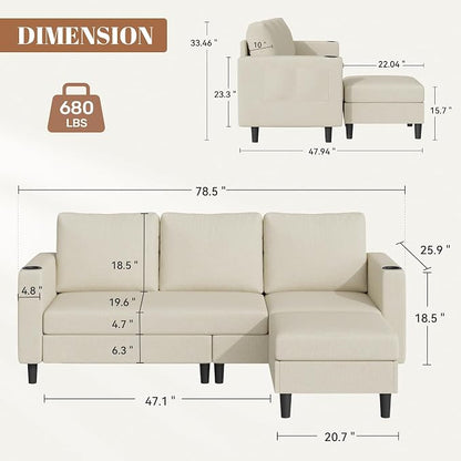 Luxanimarion Upholstered Sectional Sofa and Couches, 78'' L Shaped 3-seat Sofa forLiving Room, Apartment, Lounge,Bedroom-Washable Covers Convertible Sofas(Linen Fabric,Beige