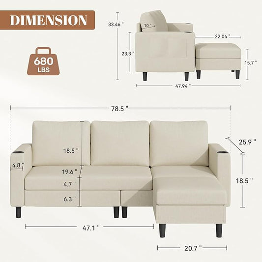 Luxanimarion Upholstered Sectional Sofa and Couches, 78'' L Shaped 3-seat Sofa forLiving Room, Apartment, Lounge,Bedroom-Washable Covers Convertible Sofas(Linen Fabric,Beige