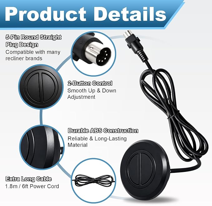 Power Recliner Switch with Two Button Five Pin Plug for Electric Sofa Lift Chair,Round Hand Control Handset Lift Chair Remote Replacement Straight Plug 1.8m / 6ft Power Cord
